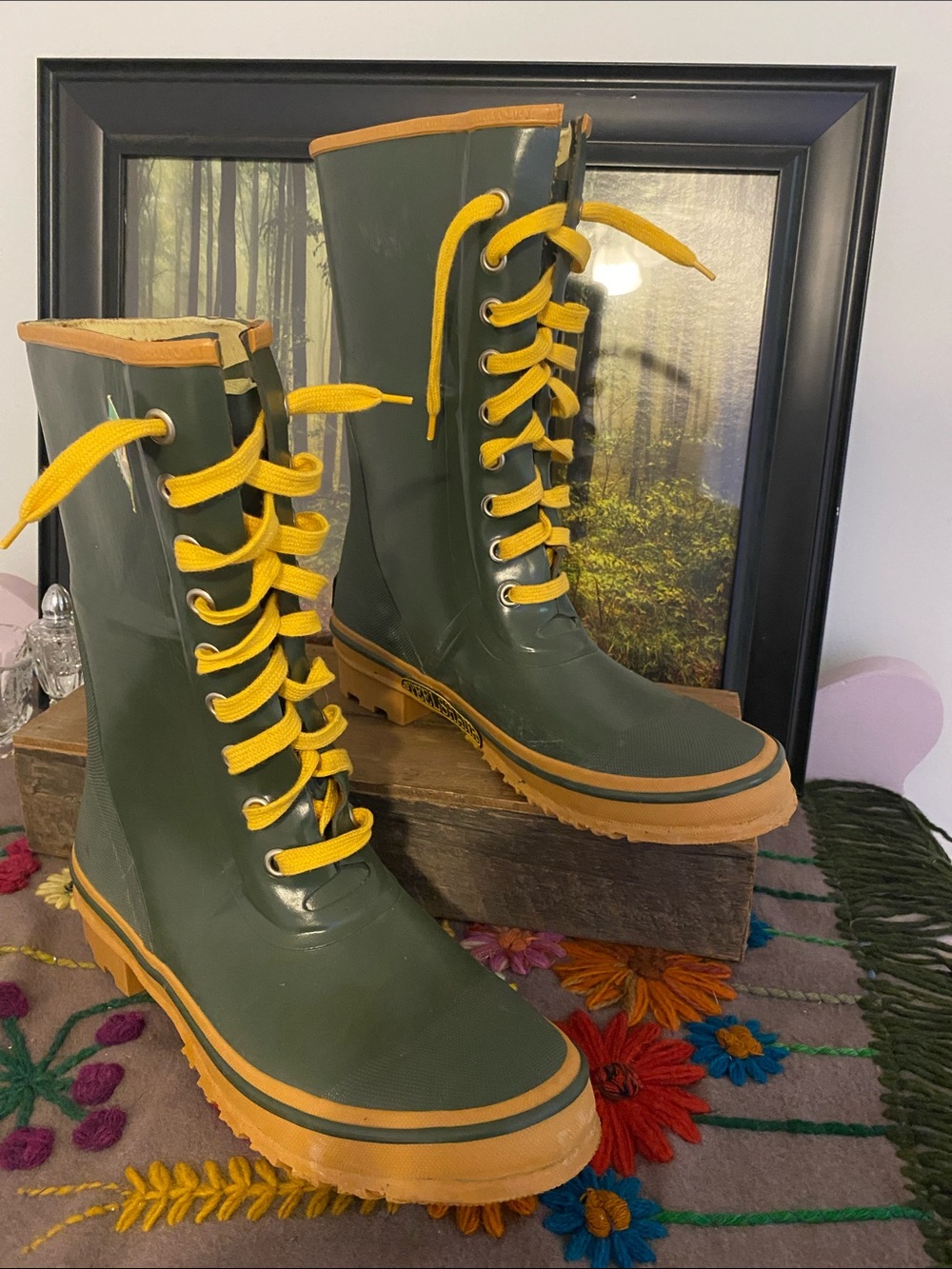 Northwest Territory Olive Green Rain Boots with Yellow Accents